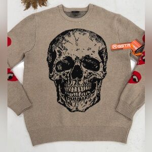 JGoods Men's Tan Skull Crewneck Sweater with Red Accents